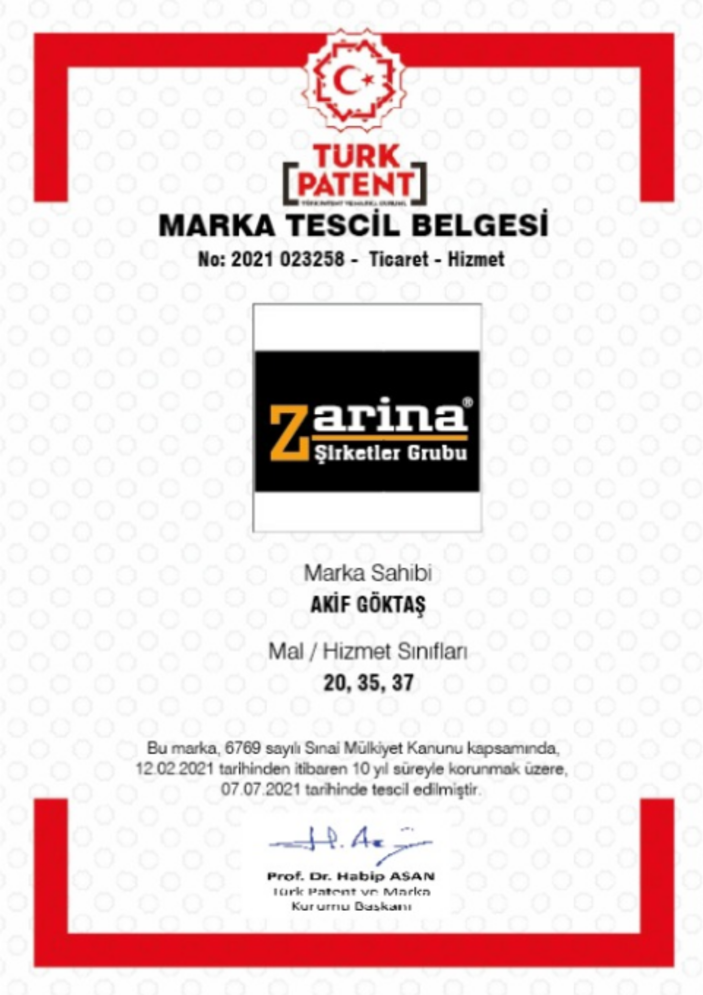 Marka Tescil Belgesi – Zarina Şirketler Grubu