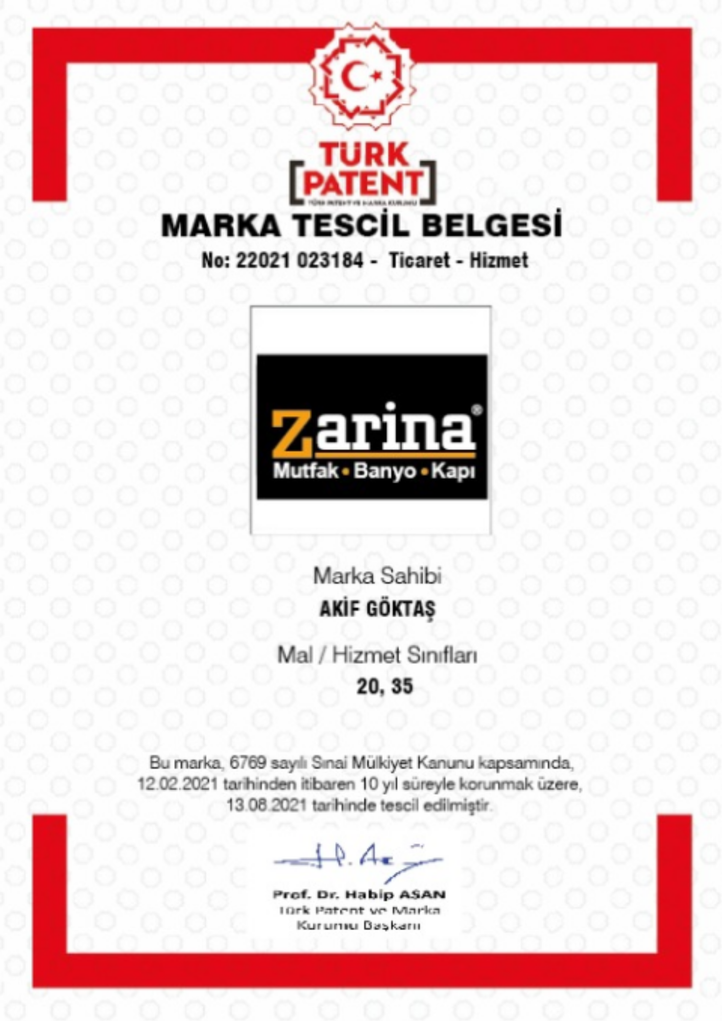 Marka Tescil Belgesi – Zarina Mutfak • Banyo • Kapı