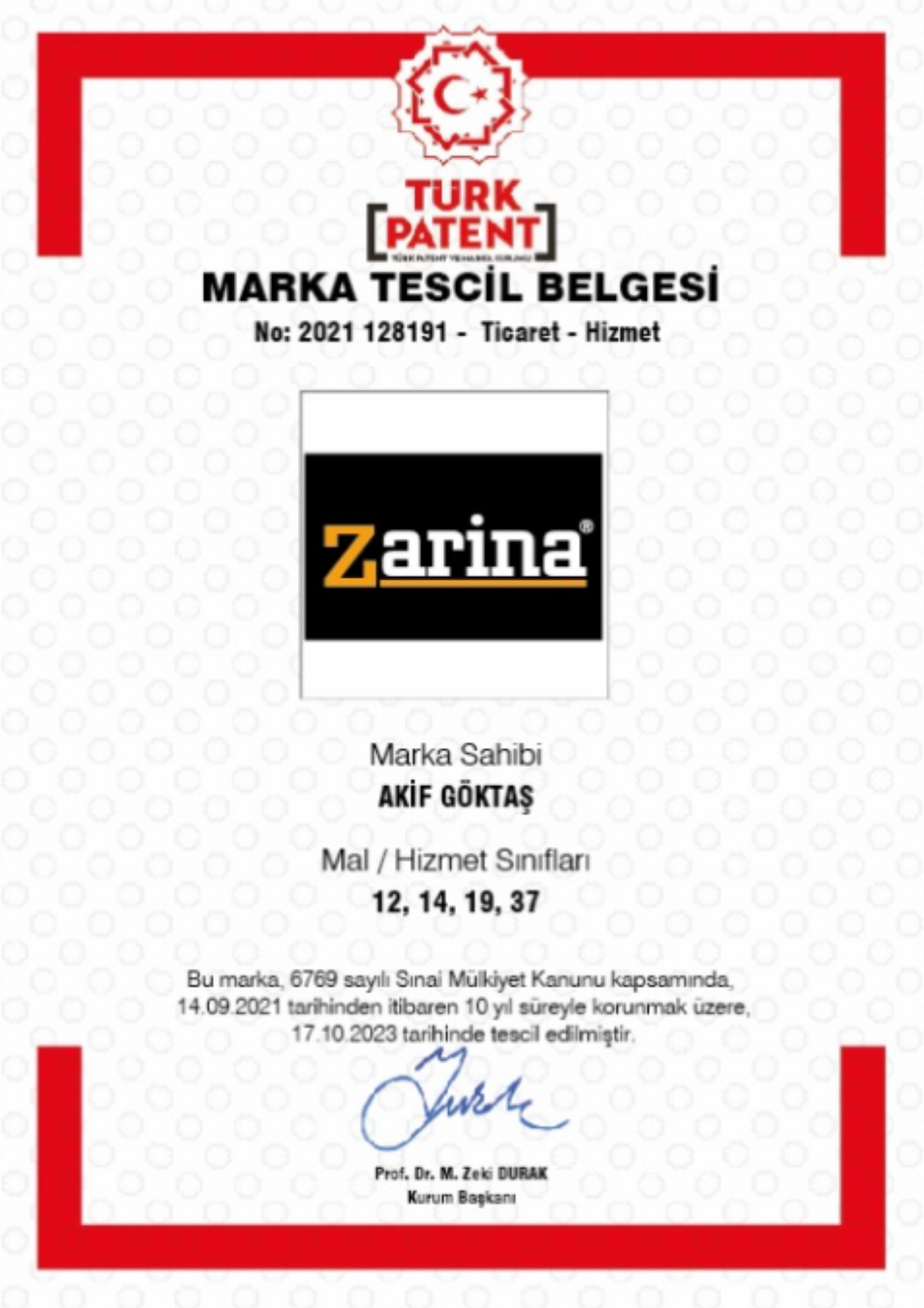 Marka Tescil Belgesi – Zarina